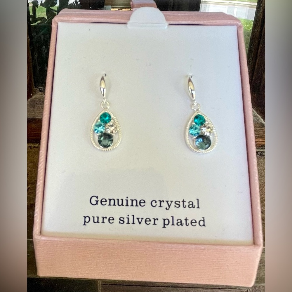 Silver Plated Genuine Crystal Earrings, Aqua, Blue, Turquoise